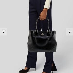 Tory Burch Black Saffiano Leather Tote with Double Handles.